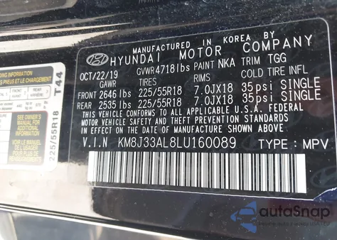 2020 Hyundai Tucson Sel z USA, uszkodzony, nr VIN KM8J33AL8LU160089